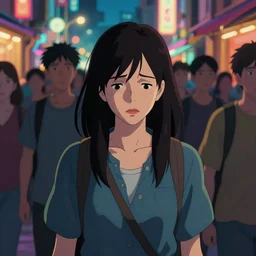 portrait of a sad woman in a crowd of people on the street, glowing lights, epic fantasy, colorfully, digital art, highly saturated colors, concept art, detailed illustration, hd, 4 k, digital art, greg rutkowski, dan mumford, studio ghibli trending on artstation