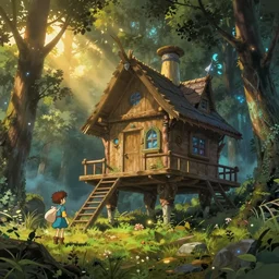 baba yaga's magic hut on long legs in a clearing in the forest, ghibli, pixar, mohrbacher, james jean, breath of the wild, golden hour, magical, cinematic, moebius