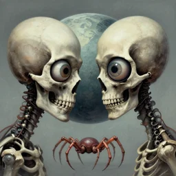 organic cyborg two alien skeleton alien centipede planet face style of zdzislaw beksinski surrealism poster art album cover contrast two skulls deep look eyeballs simple background