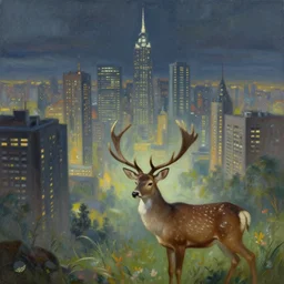 a painting of a city with a deer in the foreground, concept art by jorge jacinto, featured on pixiv, fantasy art, mystical, concept art, fantasy