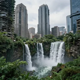 overgrown post apocalyptic city with waterfalls and skyscrapers