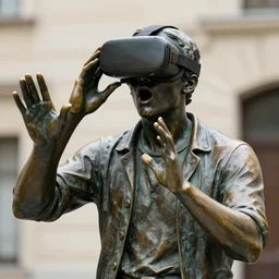 a 4 k photorealistic photo medium shot of a bronze statue of a man wearing a vr headset, amazed.