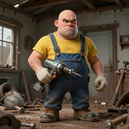 grumpy chunky bald handyman, mechanical drill! hammer hands, in a dusty wrecked home, full body, hyperrealistic digital art masterpiece, highly detailed neo pop surrealism, jason limon kay sage hannah yata, dramatic lighting, low angle, uhd 8 k, sharp focus