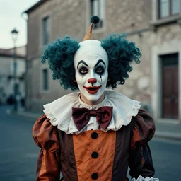 portrait photo of pulcinella at vesuv, environmental portrait photo by arnold newman, grit, muted colors, lookalike, alarming light, 5 0 mm