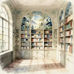 library interior design, intricate watercolor art nouveau illustration by tim doyle