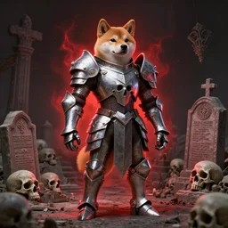 , bismuth metal skullknight armor, anthropomorphic shiba inu, standing, cementary of skulls, fantasy 3 d render, masterpiece, red aura, by donato giancola and greg rutkowski and wayne barlow and zdzisław beksinski, realistic face