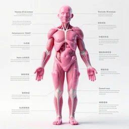 human body made of pink goo, detailed anatomical diagram, pointers with descriptions, illustration, 4 k