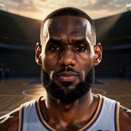 beautiful expressive digital art of ( ( epic!!!! serious!!!! lebron james with epic beautiful cinematic symmetrical face ) ). in a dark empty basketball court at sunset. light rays, intense atmosphere, trending on artstation, beautiful lighting, hyper detailed, 4 k, high quality, smooth, sharp focus