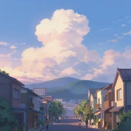 beautiful anime background of japanese modern town at dawn, people doing daily tasks, big fluffy clouds, aesthetic, beautiful, drawing, anime color palette, sky view