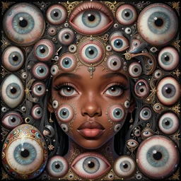 eyes!! a black girl with many eyes!, surreal art by colin christian and junji ito and mc escher and ian miller, faberge egg, trypophobia! eyes, eyes everywhere, symmetry, eyes!, homicidal eyes, ( hypnotic optical illusion )!, ornate and intricate, chet zar, highly detailed, infinite intricacy