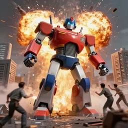 giant toy soldier robot destroying a city explosion, panic, chaos