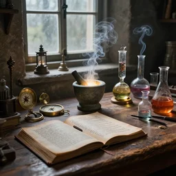 cluttered, wood table, spell book, wizards laboratory, tony sart, window, mortar, pestle, glowing powder, compass, alembic, wisps of smoky light, beakers of colored liquid, greg rutkowski