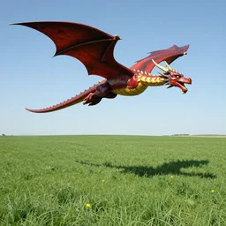 Dragon flying above a green field in style of Dali