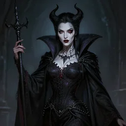 an concept art of the vampire queen, dark hair, one eye, intricate details, detailed face, detailed clothes, artstation, epic pose, ambient light, by rembrandt