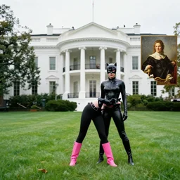 pink purse legs random white house generic car back yard with green grass chris hemsworth as catwoman, museum painting by rembrandt