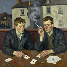 2 0 2 0 s oil painting in the style of john craxton sailors in the shadows of a pub. playing cards. aesthetic. in the style of ivon. brush marks. strong lighting. holding cigarettes. smokey bar. seated figure hands on table. strong expressions on faces. cheekbones. single flower. line drawing on painting,