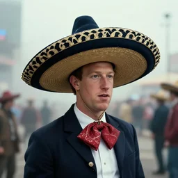 sombrero on mark zuckerberg wearing a sombrero, cybercore ravecore in 1 9 8 7, scene from a ridley scott movie