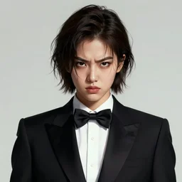 portrait of a beautiful korean girl wearing a men's tuxedo, with short messy hair, men's haircut, angular features, angry expression, dramatic lighting, illustration by Greg rutkowski, yoji shinkawa, 4k, digital art, concept art, trending on artstation