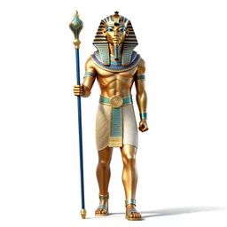 fierce pharaoh with staff, detailed 3d character render, full body, standing, isolated on a pure white background, centered, whole figure in frame, sharp focus, studio lighting