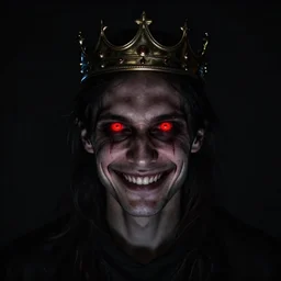 man with a crown, smirk, photograph, black backgrounds, glowing red eyes, dark, horror