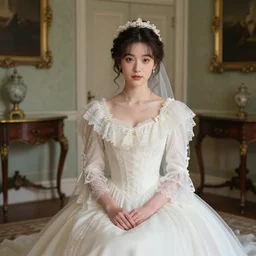 portrait of a young victorian lady with a long cute beautiful wedding dress in a beautiful victorian room, high quality by jeremy mann, only one head single portrait