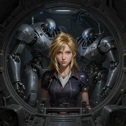 Beautiful stunning portrait of Aerith Gainsborough by Greg Rutkowski. Aerith is hiding from a Shinra robot in the Reactor Core by Mark Arian. The Reactor Core is dark and stark and industrial by H.R. Giger. soft render, octane, intricate painting by Moebius. artstation Blank Canvas Scene by Tetsuya Nomura.
