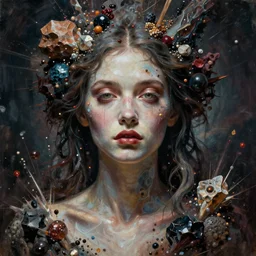 symmetry!! the portrait of the absurdly beautiful woman, octane render, symmetrical face, full body!! maximalist details, octane render, particles of minerals. trending in cgsociety, horror, a beautiful painting by gerald brom, peter mohrbacher, sophie anderson