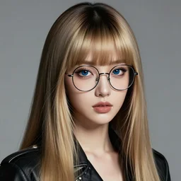 digital portrait of a beautiful adorable woman in her 2 0 ’ s with long dark blonde hair and a fringe and dark blue eyes, wearing large round very thin - rimmed glasses, modern edgy clothes, dark blonde color very long hair with straight fringe and bangs, intricate, elegant, sharp focus, digital illustration, highly detailed, octane render, digital painting, matte, art by professional artist, masterpiece