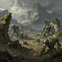 the concept illustration of wasteland, ruins after the battle, desolate world, moss creeping up the ruins, rock high mountains in background, the broken remains of mechs, greg rutkowski, james gurney, johannes voss, john harris, alena aenami artworks in 4 k