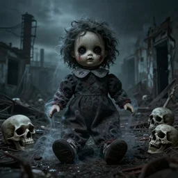 a photograph of a haunted creepy doll photographs in a desolate nuclear apocalypse, ectoplasm, very creepy, skull, bones, possessed, atmospheric, dark derelict environment, highly detailed, epic scene
