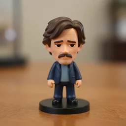 willem dafoe figurine by pixar sad bokeh on wooden table.