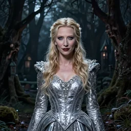 portrait of mischievous, baleful Cate Blanchett as Galadriel as a queen of fairies, dressed in a beautiful silver dress. The background is a dark, creepy eastern europen forrest.  night, horroristic shadows, high contrasts, lumnious, theatrical, character concept art by ruan jia, thomas kinkade, and J.Dickenson, trending on Artstation