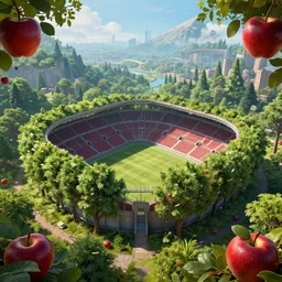 🍎🏟🌳, style artstation, style greg rutkowsk, octane render, unreal engine 6, epic game graphics, fantasy, ciberpunk, conceptual art, ray tracing