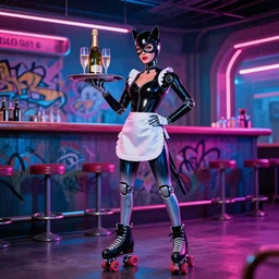 an attractive robot waitress catwoman on rollerblades with a tray with a champagne bottle and two champagne glasses, scene is a futuristic bar, layout like american graffiti poster, nikon photography, 3 5 mm, at night with pink and blue neon light, hyperdetailed