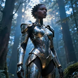 hyperrealistic very beautiful black woman, highly detailed exoskeleton armor in a forest, sun behind her, concept art brad kunkle elson peter, dramatic blue light low angle hd 8k sharp focus