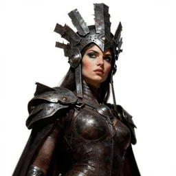 princess of the wasteland, scrap metal headdress, strong line, deep color, high contrast, beautiful! coherent! by brian froud, by frank frazetta, low angle