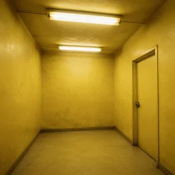 the backrooms, walls with a monochromatic tone of yellow, and buzzing fluorescent lights, extremely high detail, photo realistic, post processed, cinematic, 8k UHD