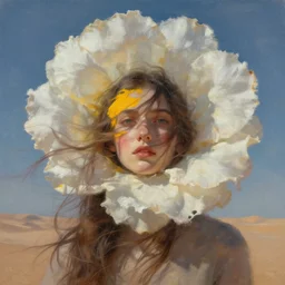 closeup, giant flower head, girl in desert, surreal photography, wind and cold, dramatic sky, impressionist painting, digital painting, artstation, simon stalenhag