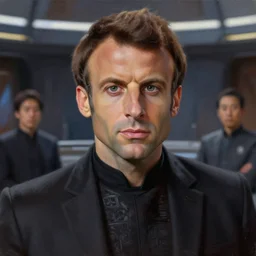 portrait of Emmanuel Macron dressed as Arcann in Star Wars inside the galactic senate, sharp focus, trending on ArtStation, masterpiece, by Greg Rutkowski, by Ross Tran, by Fenghua Zhong, octane, clear eyes, soft render, clear facial features, oil on canvas, moody lighting, cinematic, professional environment concept art