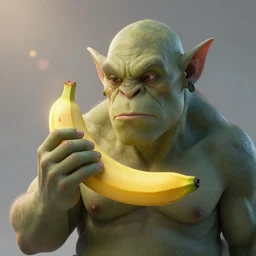 portrait art of an orc using a banana as a phone!!!!!, 8k ultra realistic , lens flare, atmosphere, glow, detailed, intricate, full of colour, cinematic lighting, trending on artstation, 4k, hyperrealistic, focused, extreme details, unreal engine 5, cinematic, masterpiece