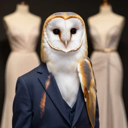 barn owl wearing a suit, barn on dresses by emidio tucci, very detailed, album photo, canon shot
