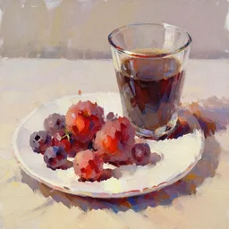 breakfast with berries and coffee, oil painting, glassware, thick strokes, vibrant, colorful, reflections, subsurface scattering, sharp edges, hazy, closeup