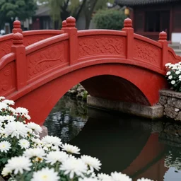 there is a red stone bridge over a black river, white chrysanthemums grow beside both sides of the river, and there is a back view of a person under the bridge