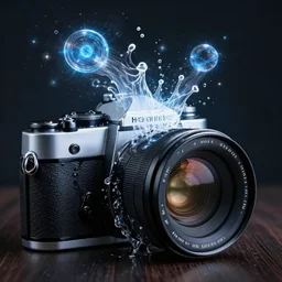 magical spells pouring out of a hyper realistic vintage camera lens like water