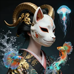 3 d goddess close - up profile portrait biomechanics with ram skull. beautiful intricately detailed japanese crow kitsune mask and clasical japanese kimono. betta fish, jellyfish phoenix, bio luminescent, plasma, ice, water, wind, creature, artwork by tooth wu and wlop and beeple and greg rutkowski. gold and black and teal and orange color scheme