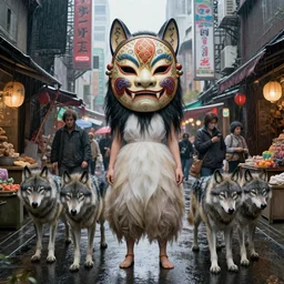 hyper realistic Princess Mononoke, ornate mask, wet market street, rainy  cyberpunk metropolis, full body pose, wolves, style of tom bagshaw, mucha, james gurney, norman rockwell, denoised, sharp
