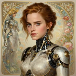 portrait of emma watson, robot steampunk, floral! horizon zero dawn machine, intricate, elegant, highly detailed, ray tracing, digital painting, artstation, concept art, smooth, sharp focus, illustration, art by artgerm and greg rutkowski and alphonse mucha, 8 k