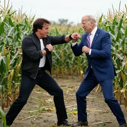 Sylvester Stallone punching joe biden in a corn maze