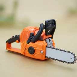 “Photograph of a plastic chainsaw made by fisher-price, depth of field”