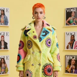 coat for a rave,Orange hairstyle, Bright skin,earrings, bright soft colors, soft yellow background, many details, prints, photo for a magazine, photo for a store, fashion photography, Vogue, 135 mm, cinematic, hyper realism, high detail, octane render, 8k, chrome accents, very coherent symmetrical artwork, perfect face model, Soft light, Reduced contrast